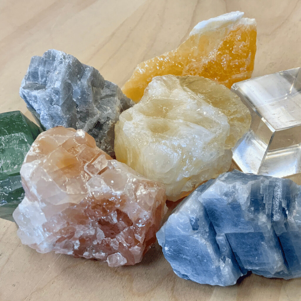 A variety of colored pieces of calcite.